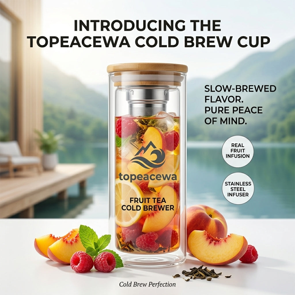 Topeacewa PureInfuse Glass Fruit Tea Cold Brewer | Double-Wall Borosilicate Tumbler with Infuser & Bamboo Lid