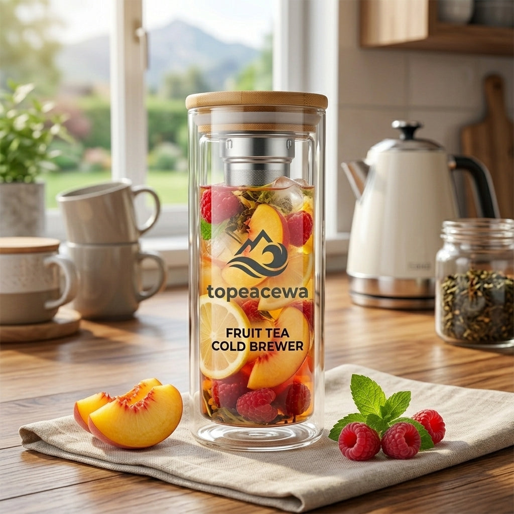 Topeacewa PureInfuse Glass Fruit Tea Cold Brewer | Double-Wall Borosilicate Tumbler with Infuser & Bamboo Lid