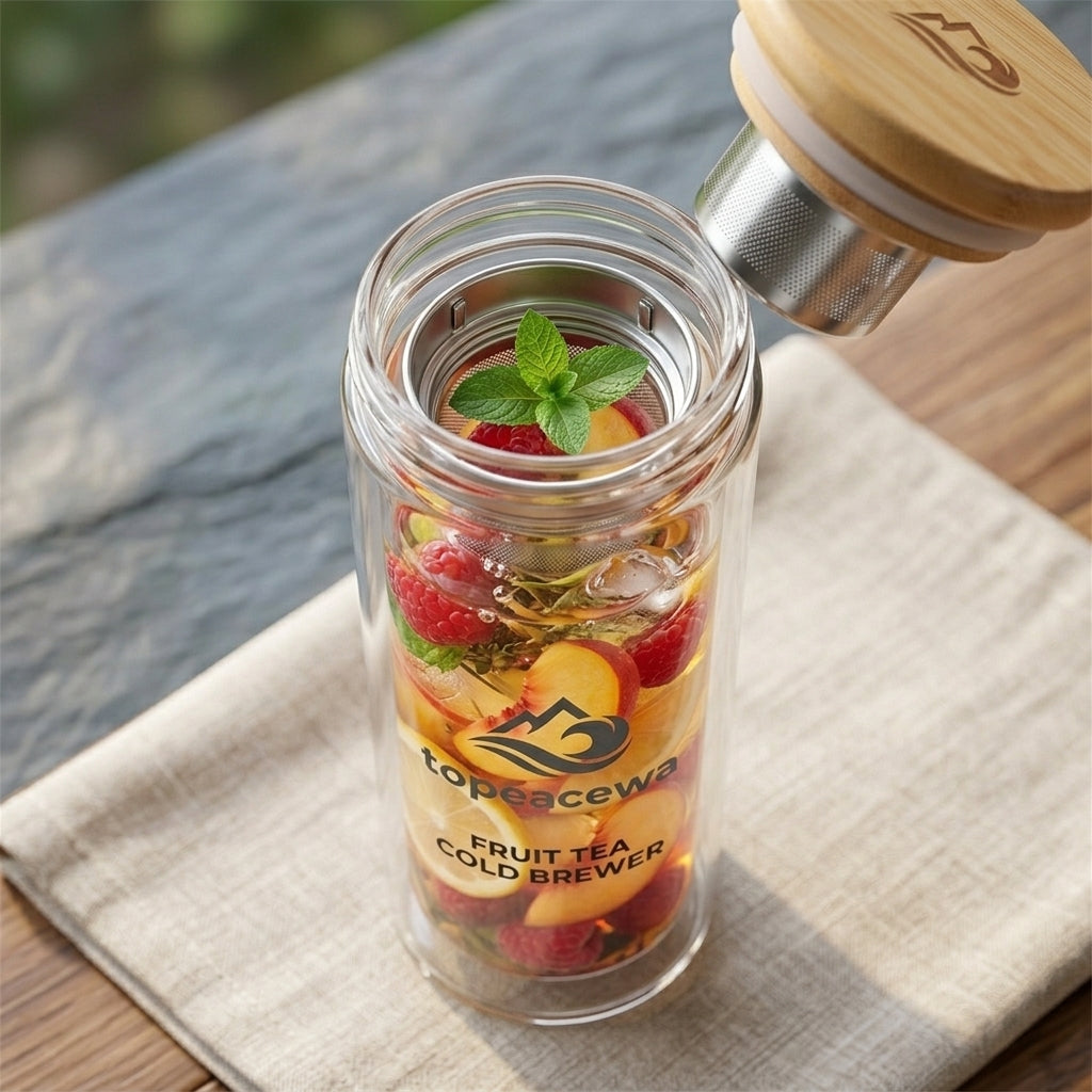 Topeacewa PureInfuse Glass Fruit Tea Cold Brewer | Double-Wall Borosilicate Tumbler with Infuser & Bamboo Lid