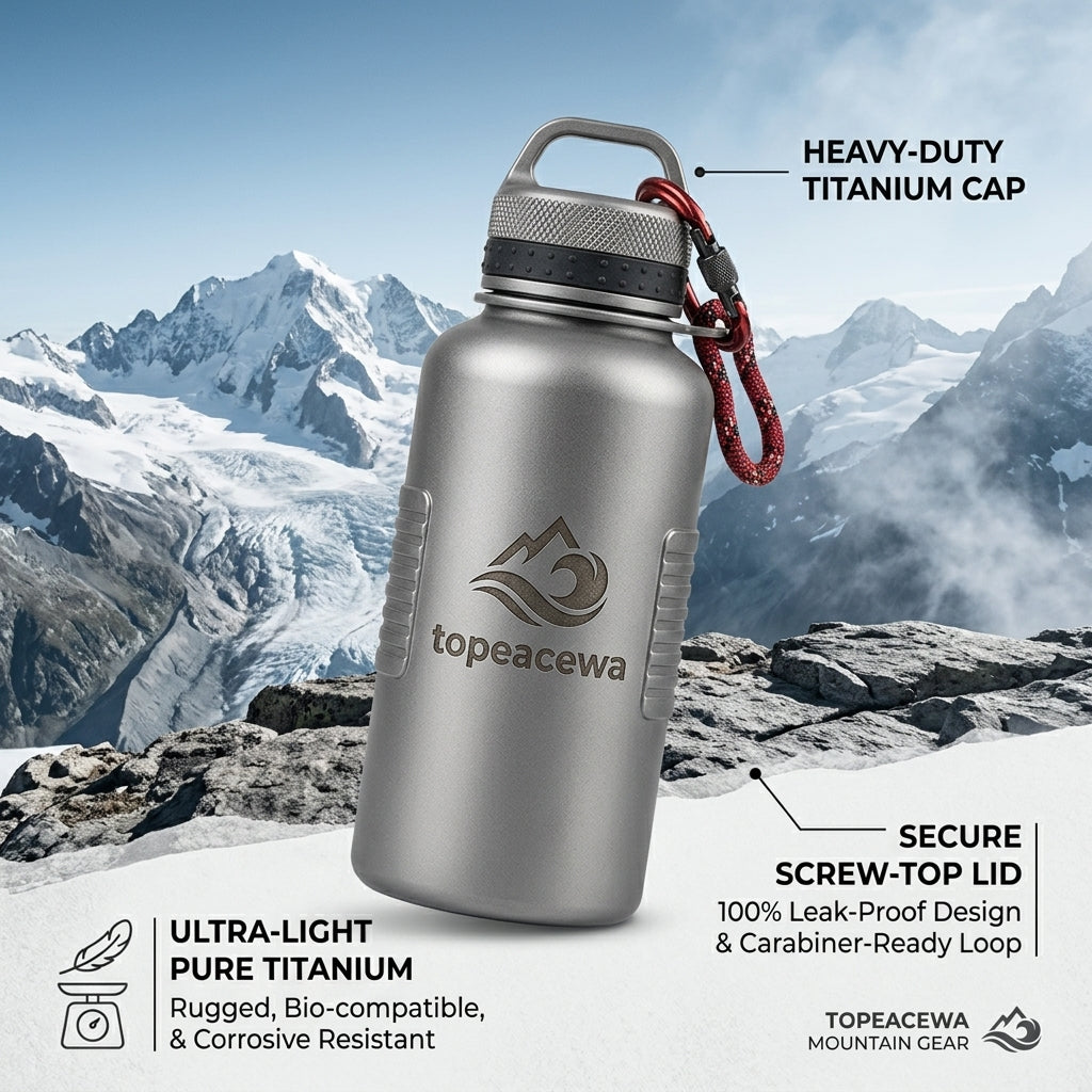 Topeacewa Summit Titanium Ultra-Light Expedition Flask | 1000ml Pure Titanium Carabiner-Ready Bottle