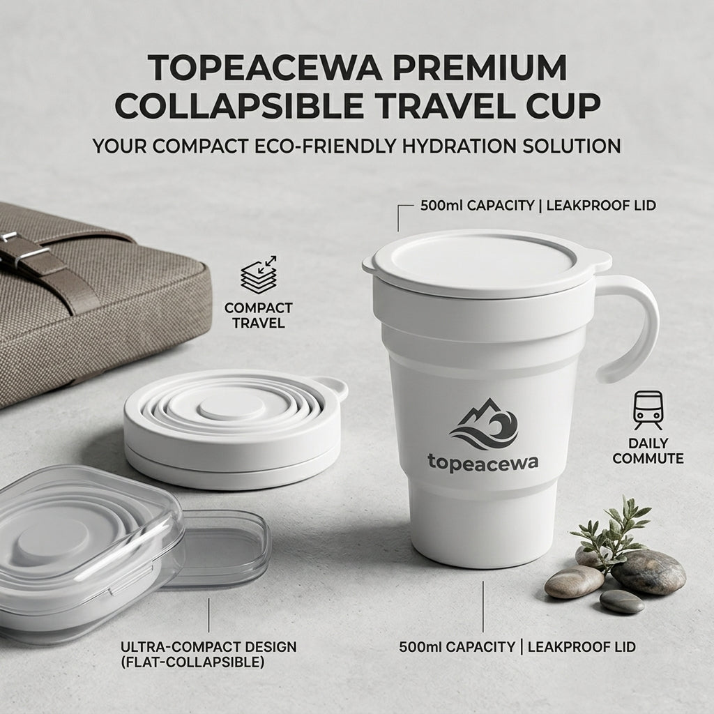 Topeacewa Pocket-Flex Collapsible Travel Cup | 500ml Portable Silicone Mug with Leakproof Lid and Storage Case