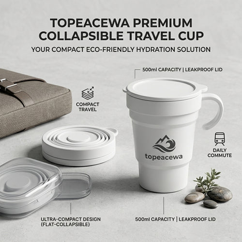 Topeacewa Pocket-Flex Collapsible Travel Cup | 500ml Portable Silicone Mug with Leakproof Lid and Storage Case