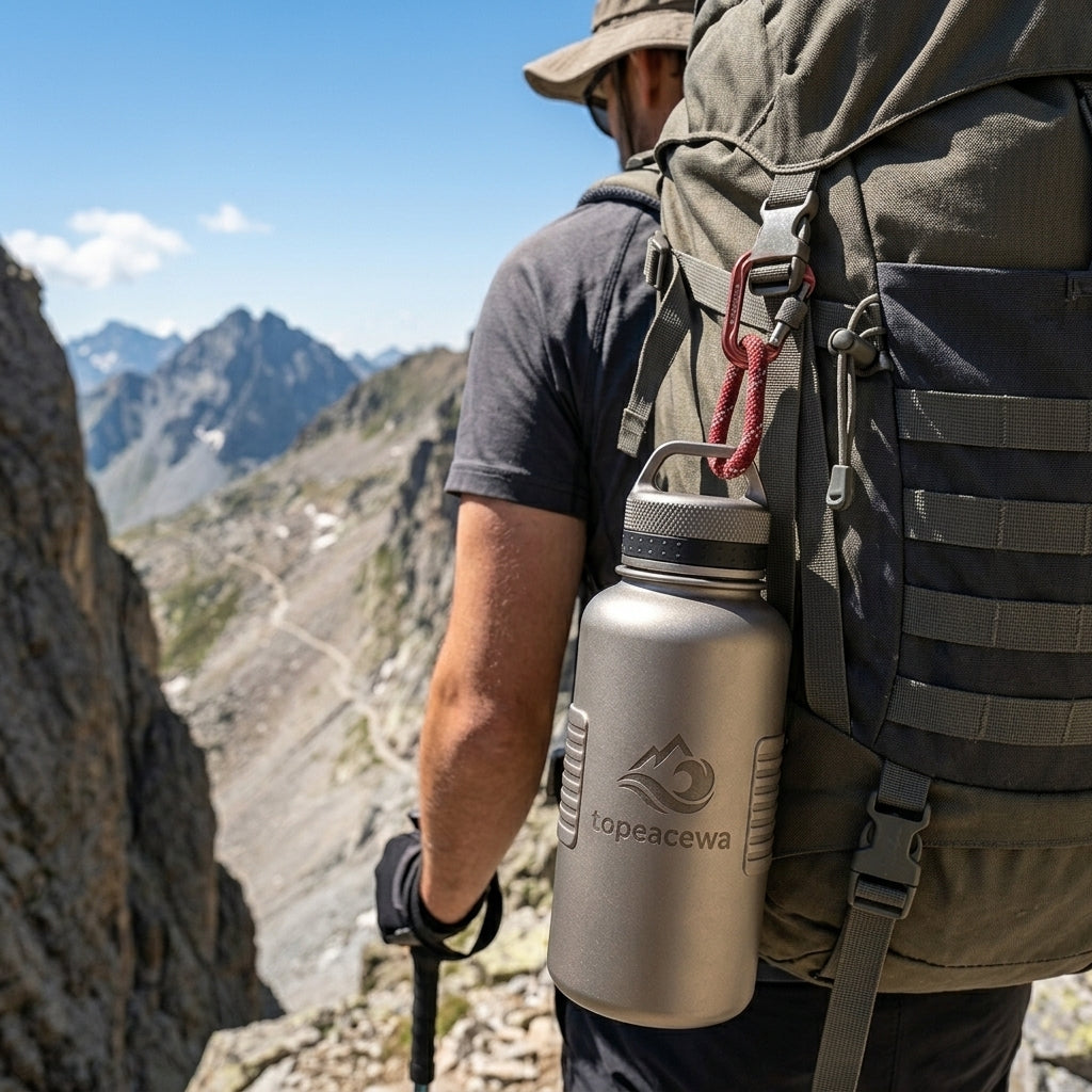 Topeacewa Summit Titanium Ultra-Light Expedition Flask | 1000ml Pure Titanium Carabiner-Ready Bottle